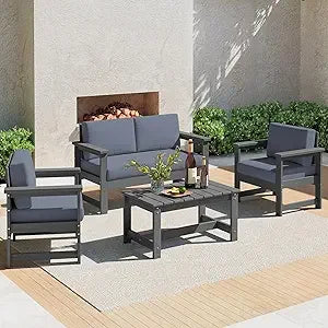 4 Pieces HDPE Outdoor Sofa Set with Cushions, All Weather Use Loveseat Furniture, Outdoor Conversation Couch Set with Coffee Table