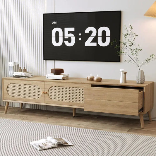 Rattan TV Stand for 80 TVs, Solid Wood Entertainment Center with Storage Cabinet, Ideal for Living and Bedroom, Natural Style