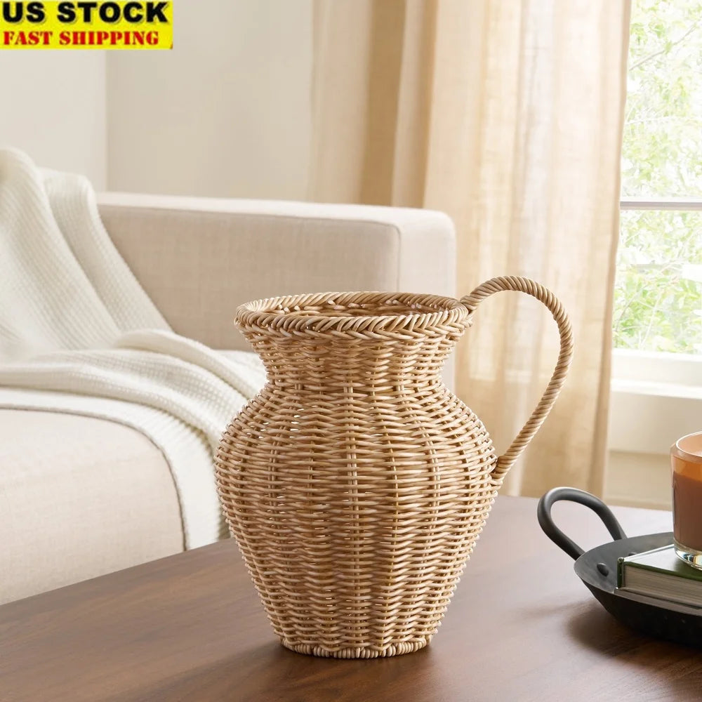 9 Inch Rattan Pitcher Vase Decorative Faux Wood Design Ideal Dried Plants Home Decor Living Room Dining Room