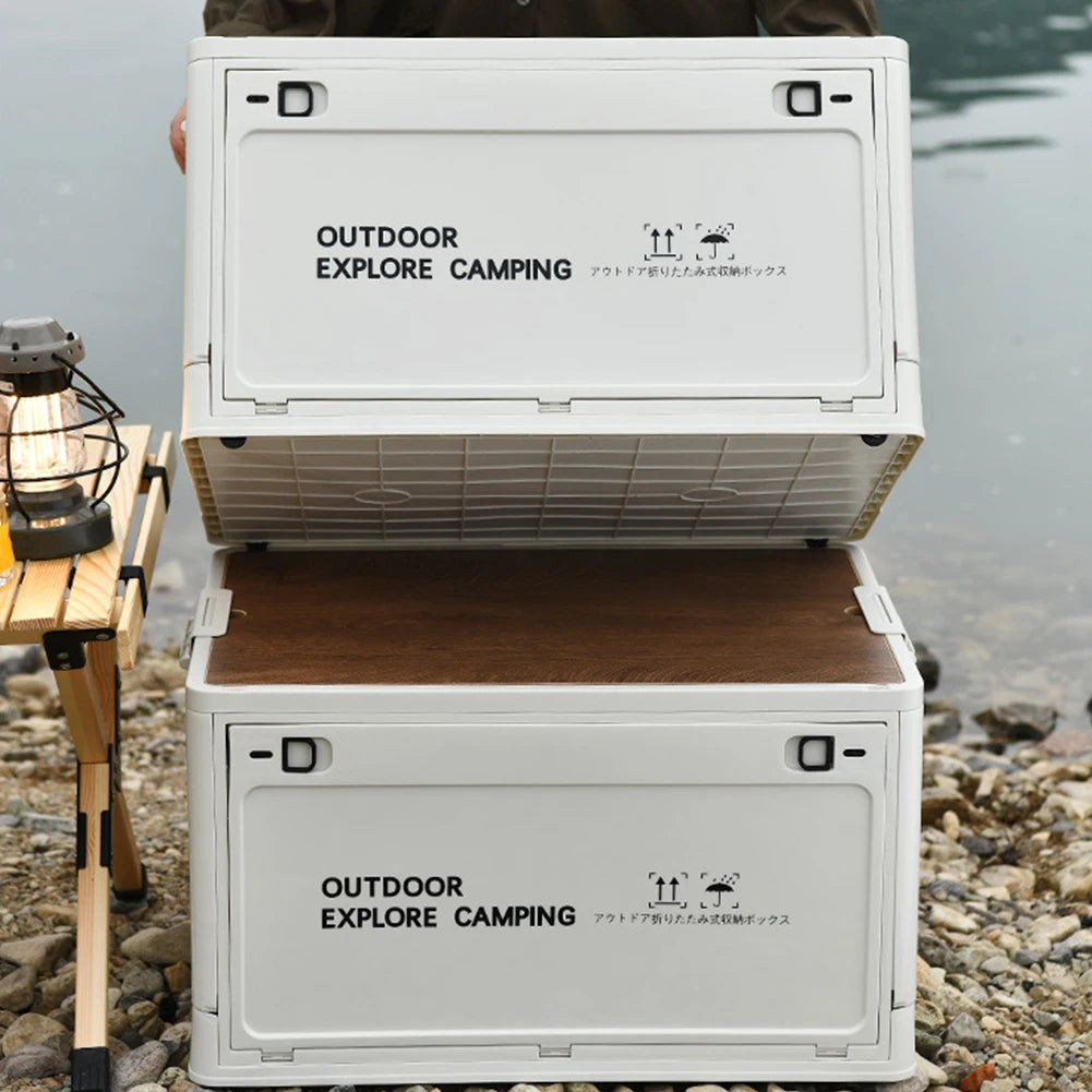 30L Folding Car Storage Case with Wooden Lid Portable Storage Container Stackable Side Open Store Picnic Supplie Snacks and More