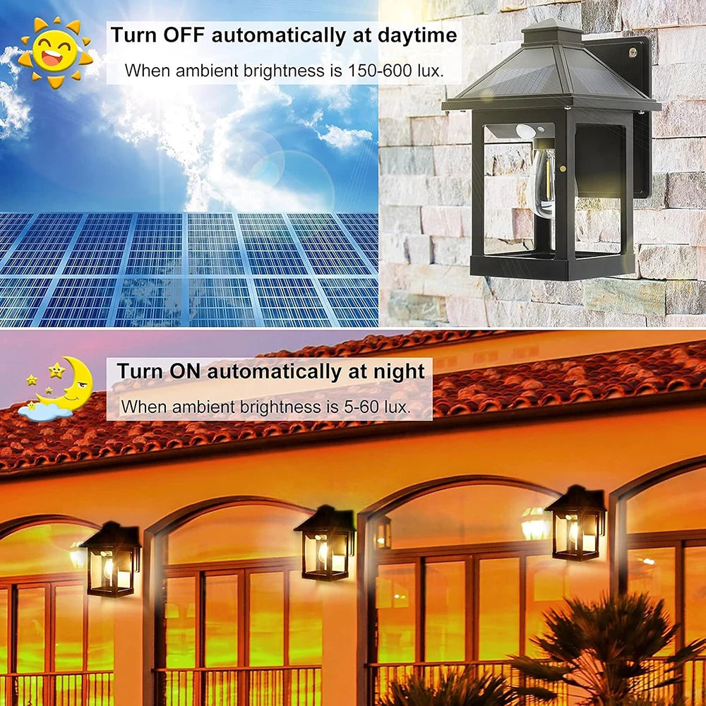 2pcs Solar Powered Wall Lanterns with 3 Modes Dusk to Dawn Motion Sensor LED Sconce Lights Exterior Front Porch Security Lamps