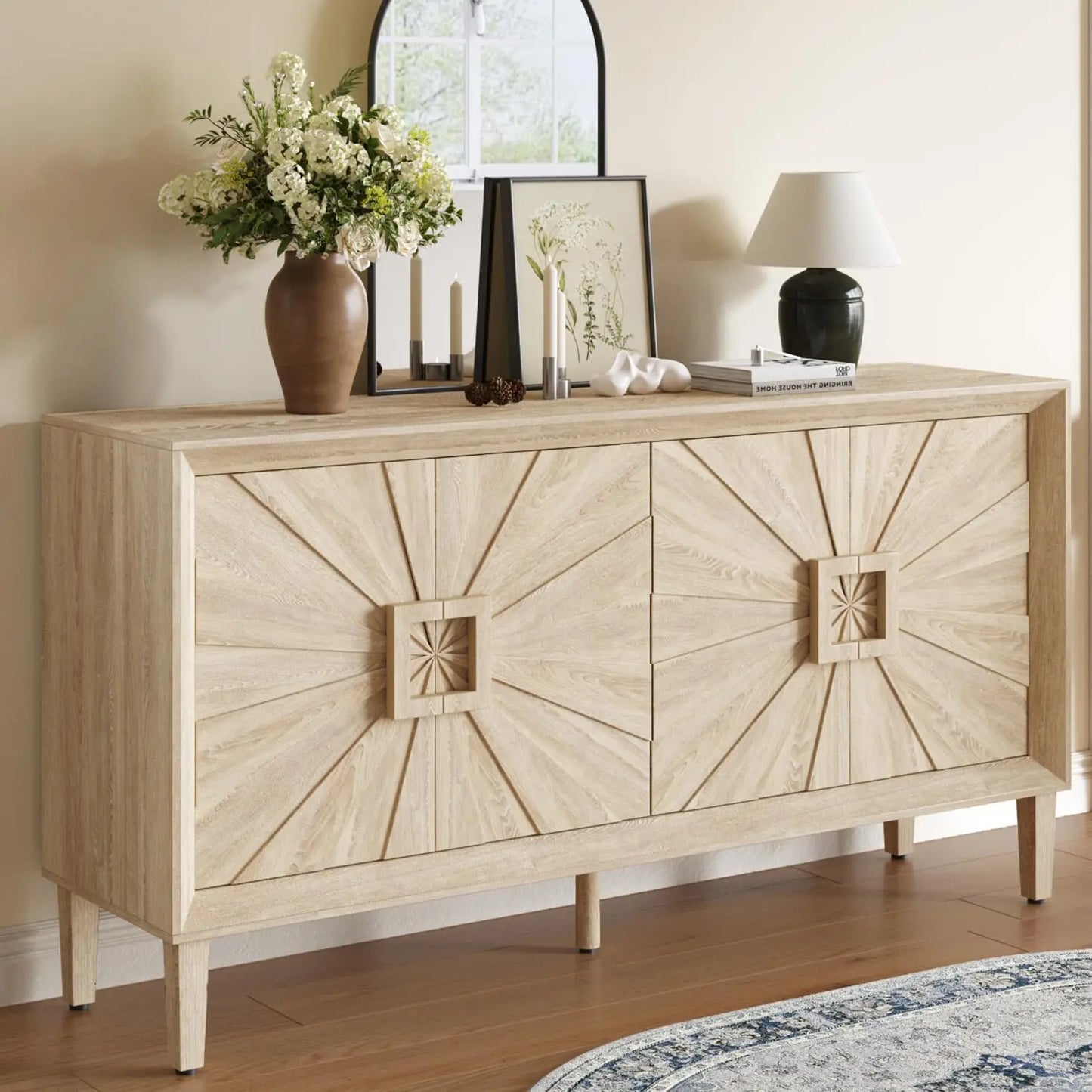 Sideboard Buffet Cabinet with Storage,60" Modern Decorative Accent Cabinet with Sunburst Pattern,Wood Credenza.