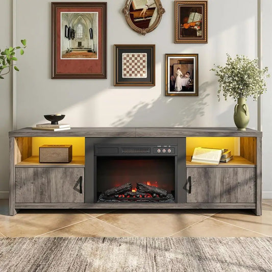 75 Electric Fireplace TV Stand with Storage, LED Lights, Open Shelves, Cable Management for Living Room in Grey