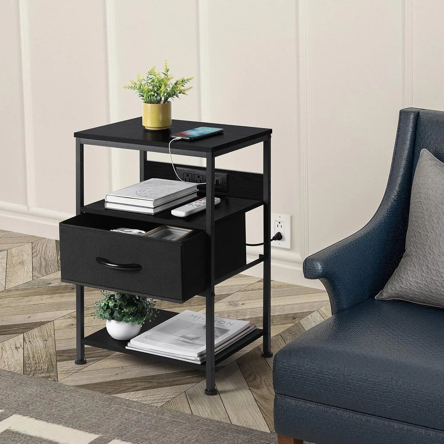 Black Bedside Table w/3-Tier Charging, USB/AC + Drawer, Multi-Use for Bedroom/Living/Farmhouse Decor