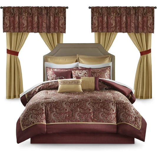 King Size Faux Silk Comforter Set with Jacquard Paisley Design and Matching Curtains Red Down Alternative Hypoallergenic