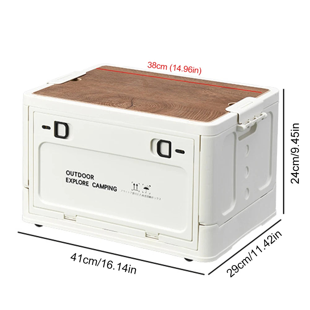 30L Folding Car Storage Case with Wooden Lid Portable Storage Container Stackable Side Open Store Picnic Supplie Snacks and More