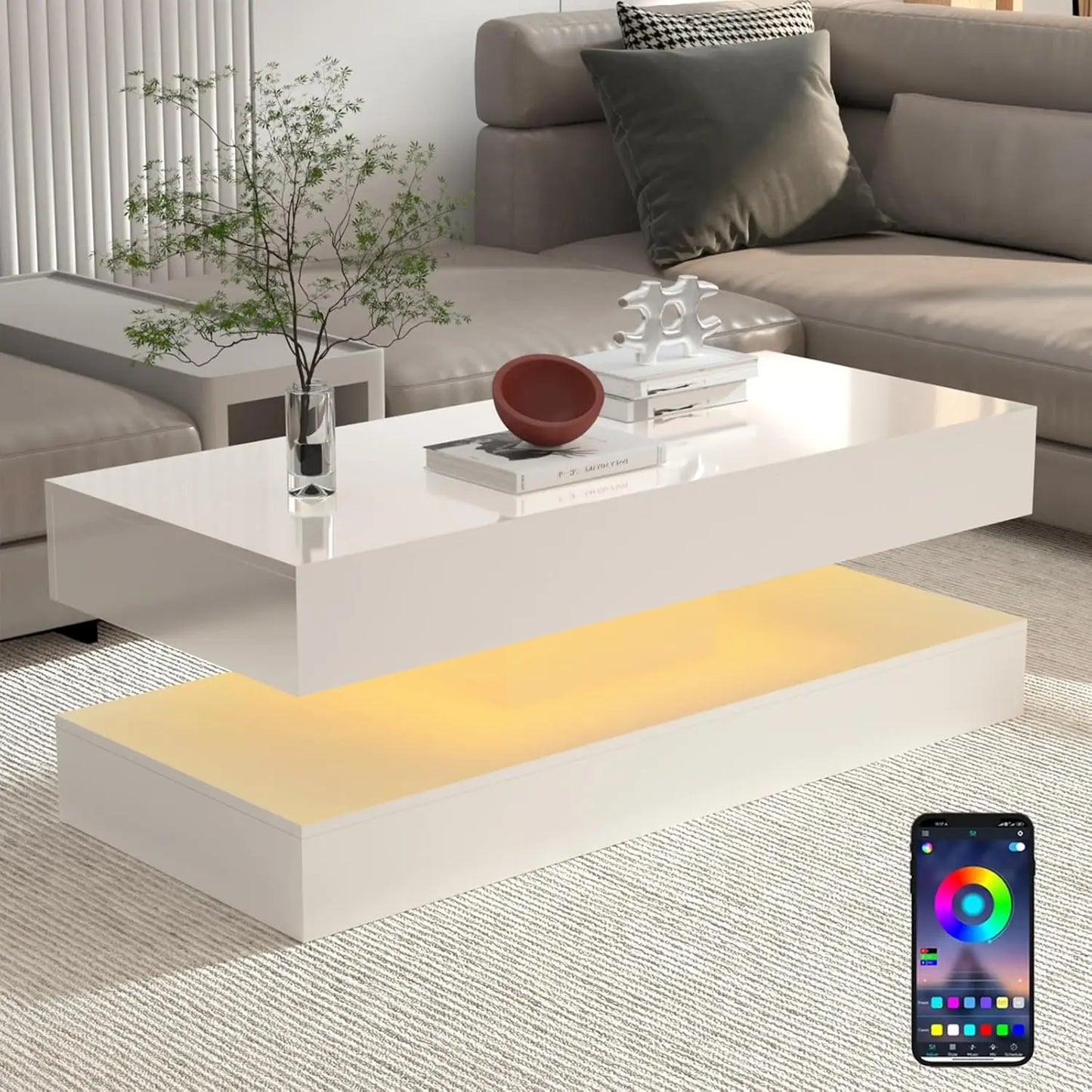47.3IN High Glossy LED Coffee Table,Modern Center Table with 2 Storage Drawers for Living Room (White & Black)