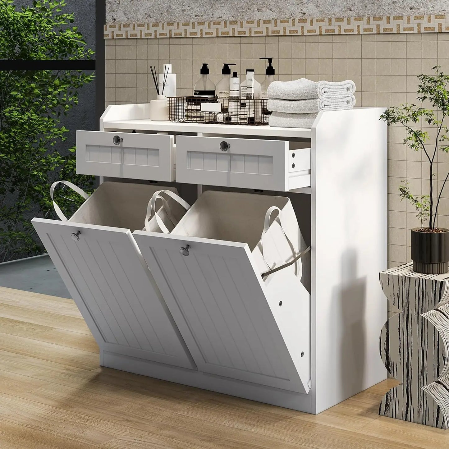 Double Tilt Out Trash Can Cabinet, Wooden Kitchen Trash Can with Drawer, 2x13 Gallons Freestanding Hidden Pet Proof