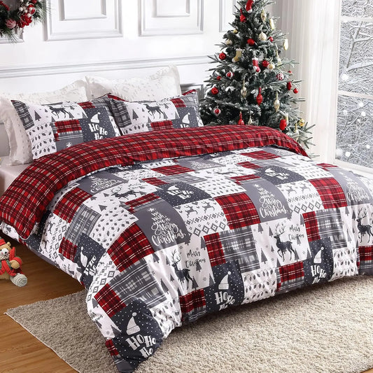 Christmas Plaid Duvet Cover Queen King Soft Microfiber Red Duvet Covers Reversible Printed Comforter Cover Set Holiday Decor