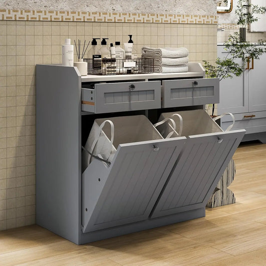 Double Tilt Out Trash Can Cabinet, Wooden Kitchen Trash Can with Drawer, 2x13 Gallons Freestanding Hidden Pet Proof