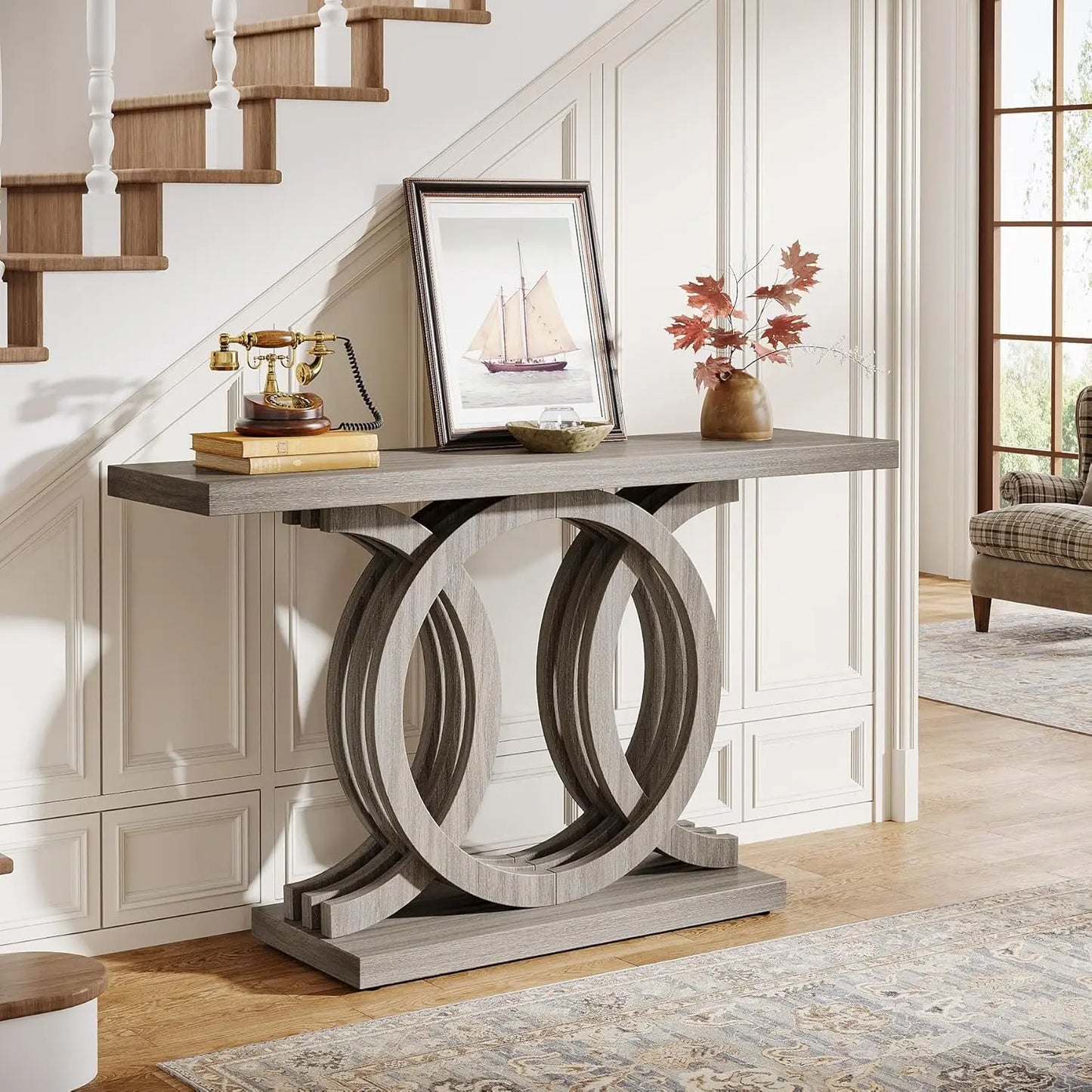 55-Inch Console Table with Geometric Wood Base,Modern Entryway Table with Thick Tabletop for Living Room, Hallway, Foyer (Gray)(Multiple colors)