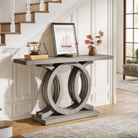 55-Inch Console Table with Geometric Wood Base,Modern Entryway Table with Thick Tabletop for Living Room, Hallway, Foyer (Gray)(Multiple colors)