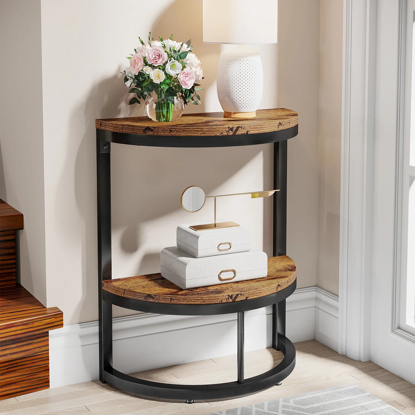 Tribesigns End Table Semi Circle, Small Half Round Side Table with Storage Shelf, Accent Table Slim C Table for Sofa Couch