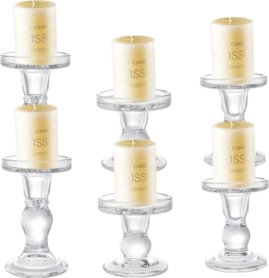 Set of 6 Glass Candle Holders, Clear Pillar Taper Candlestick Crystal Tealight Candle Holder Stand for Dinner Table, Wedding