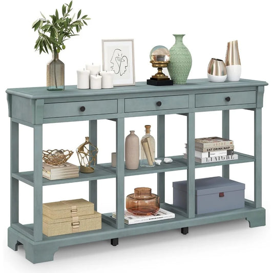 Console Table with Storage, 58” Long Sofa Table with 3 Drawers & Open Shelves, Solid Wood Legs, Narrow Entryway Table