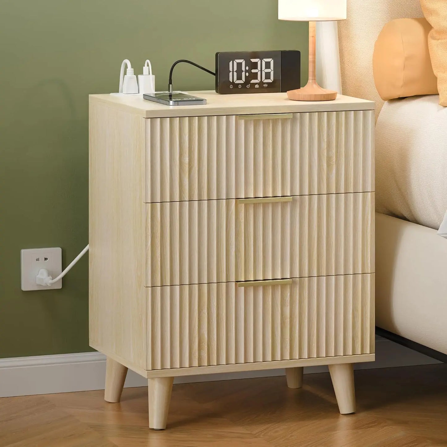 Fluted Nightstand w/ USB Charging—3 Quiet Drawers, Modern Wood Bedside Dresser, Large Storage End Table