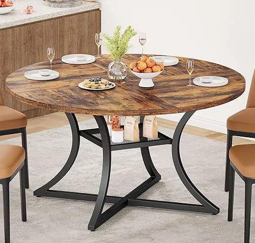 47.2" Round Dining Table for 4, Wood Kitchen Table with Storage Shelf for Dining Room, Dinner Table with Wooden Tabletop