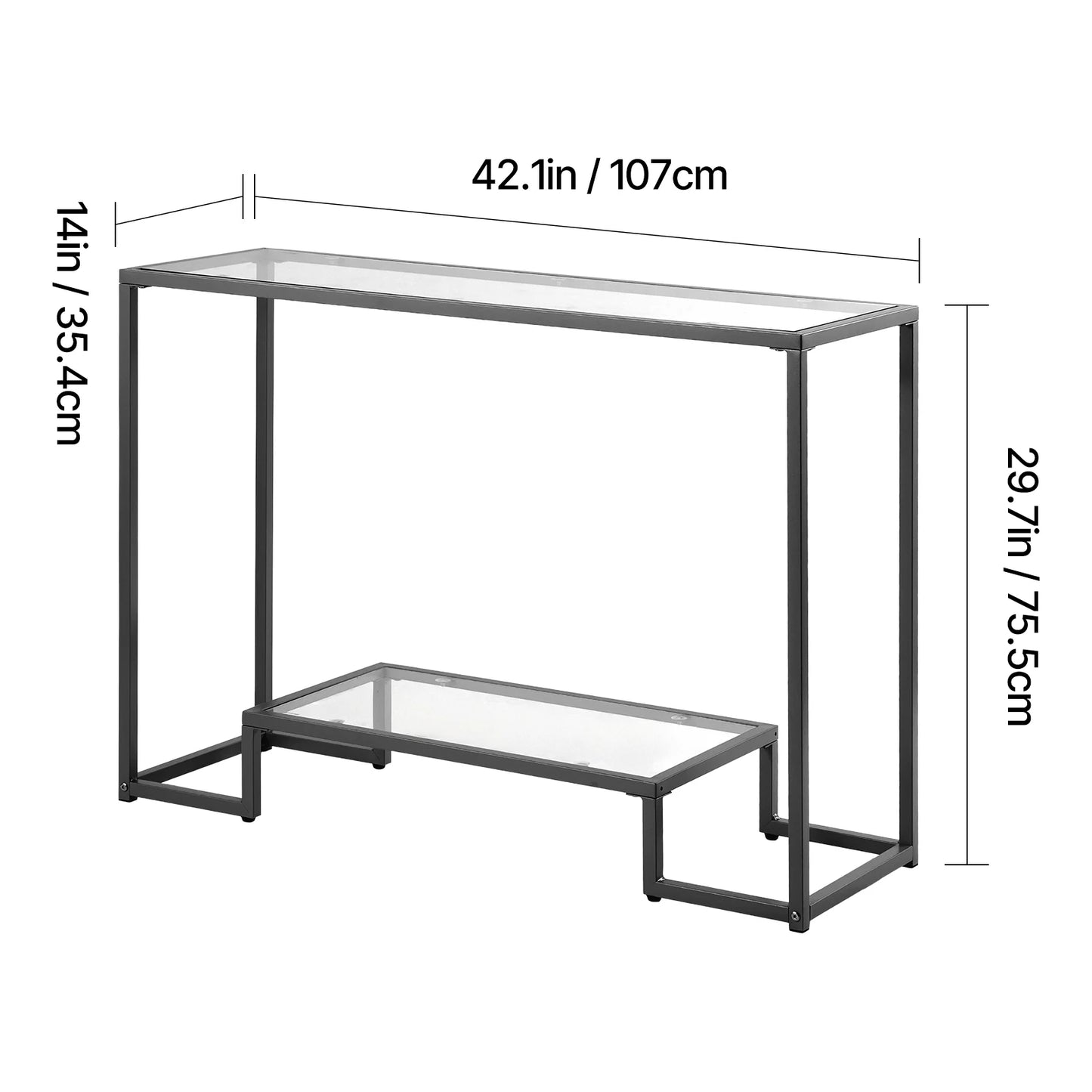 SucceBuy Glass Console Table Modern Rectangle Sofa Side Table with Tempered Glass Top and Iron Legs Consloe Desk for Living Room