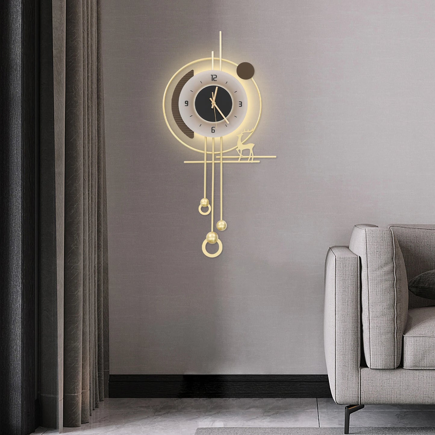 Modern Gold Iron Wall Clock,Sound-Control 39x24x80 cm LED Lighting Wall Clock Battery Powered Wall-Mounted for Home,Bedroom