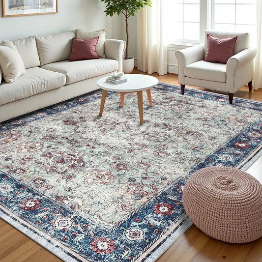 Vintage Area Rug Washable Traditional Floor Cover Foldable Soft Retro Accent Distressed Floral Carpet for Bedroom Living Room (Multiple sizes and colors)