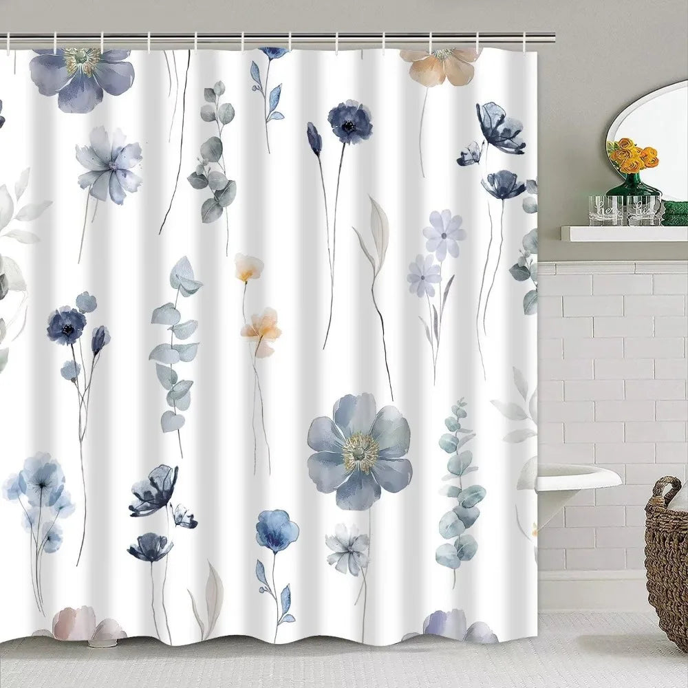 4pcs watercolor flower shower curtain set with non-slip rugs, toilet lid cover and bath mat, modern minimalist floral shower curtain