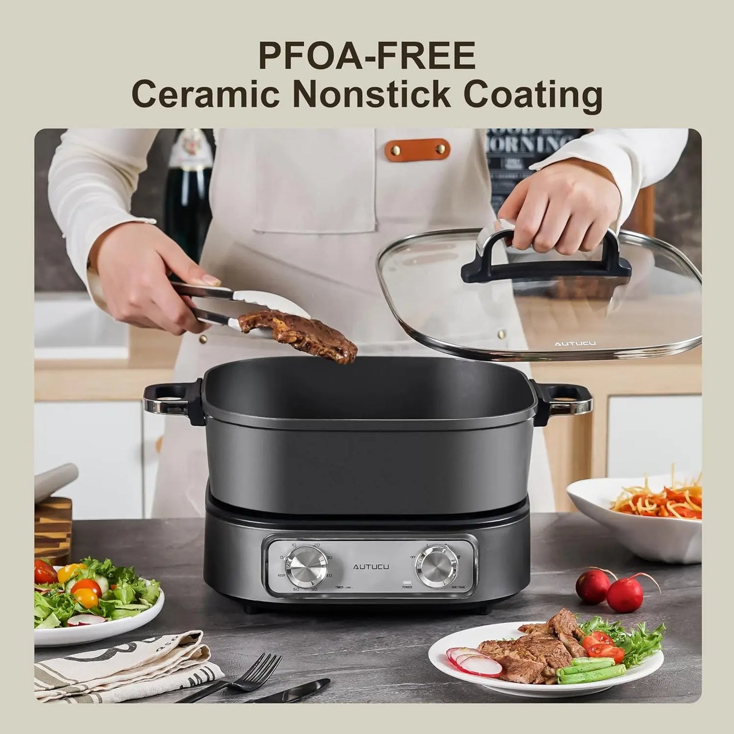 Electric Hot Pot 6-Quart & Multi-Cooker | Non-Stick Electric Skillet with PFOA-Free Ceramic-Coated Pot, 3 Power Settings & Timer