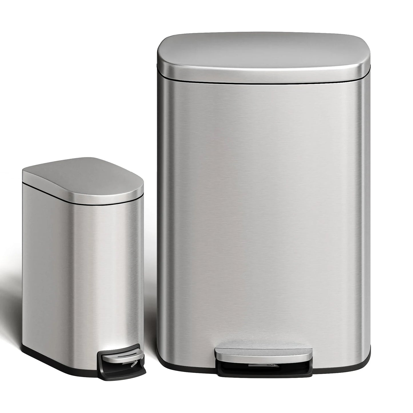 Durable Step-On Kitchen Trash Can Combo Set 50L+10L Stainless Steel Garbage Bins w/Removable Inner Buckets for Kitchen Bathroom