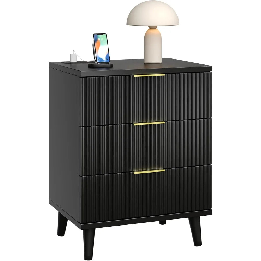 Fluted Nightstand w/ USB Charging—3 Quiet Drawers, Modern Wood Bedside Dresser, Large Storage End Table