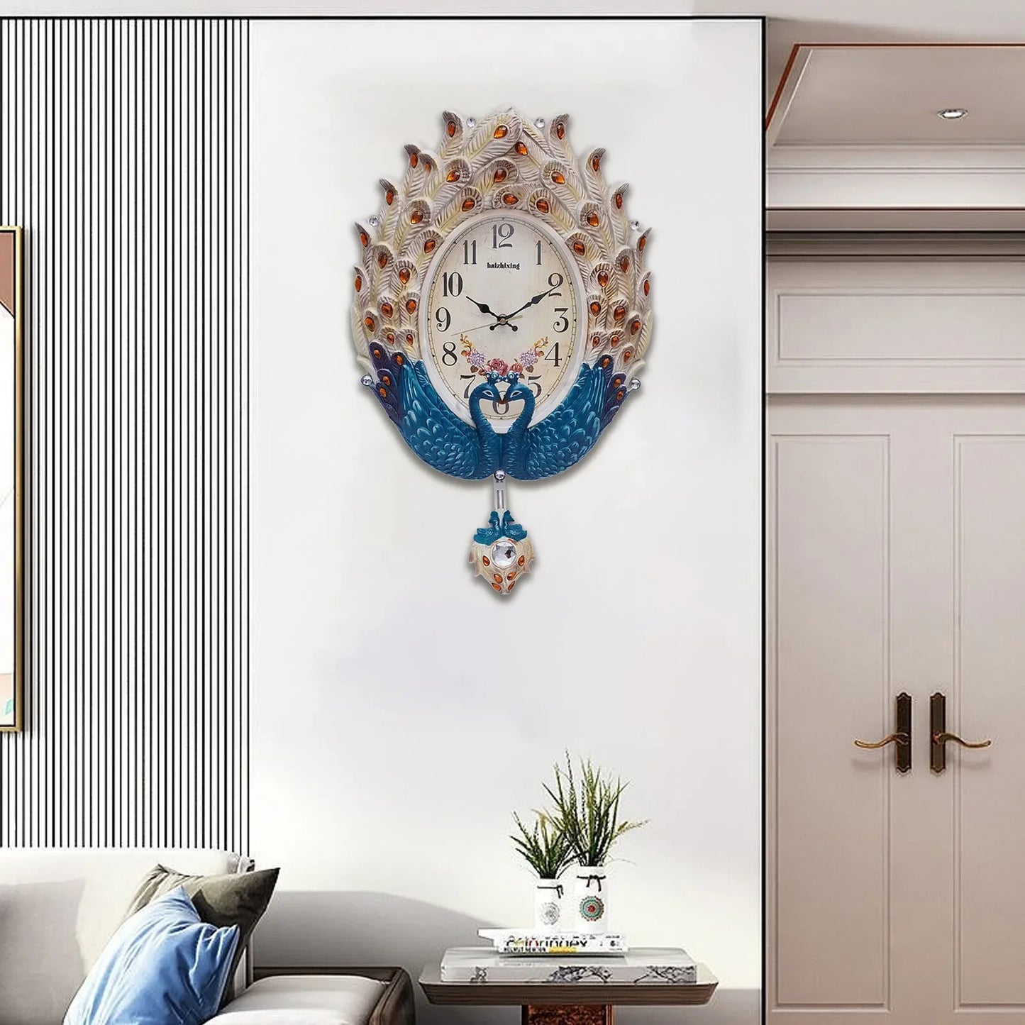 Teal Silent Elegant Wall Clock, Luxury Crystal Pendulum, 37x60cm Large Wall-Mounted Decor for Living Room, Hallway, Bedroom