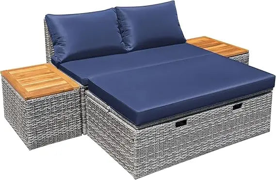 Patio Day Bed Outdoor Daybed Set Multifunctional Rattan Lounge Bed with 2 Side Tables for Backyard Porch Poolside Lawn