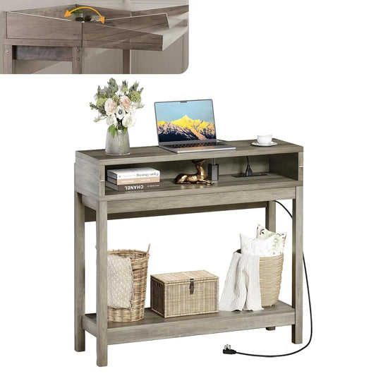 Foldable 38in Narrow Console Table with Charging Station & Shelves Anti-Tip Entryway Sofa Table Rustic Gray Customized