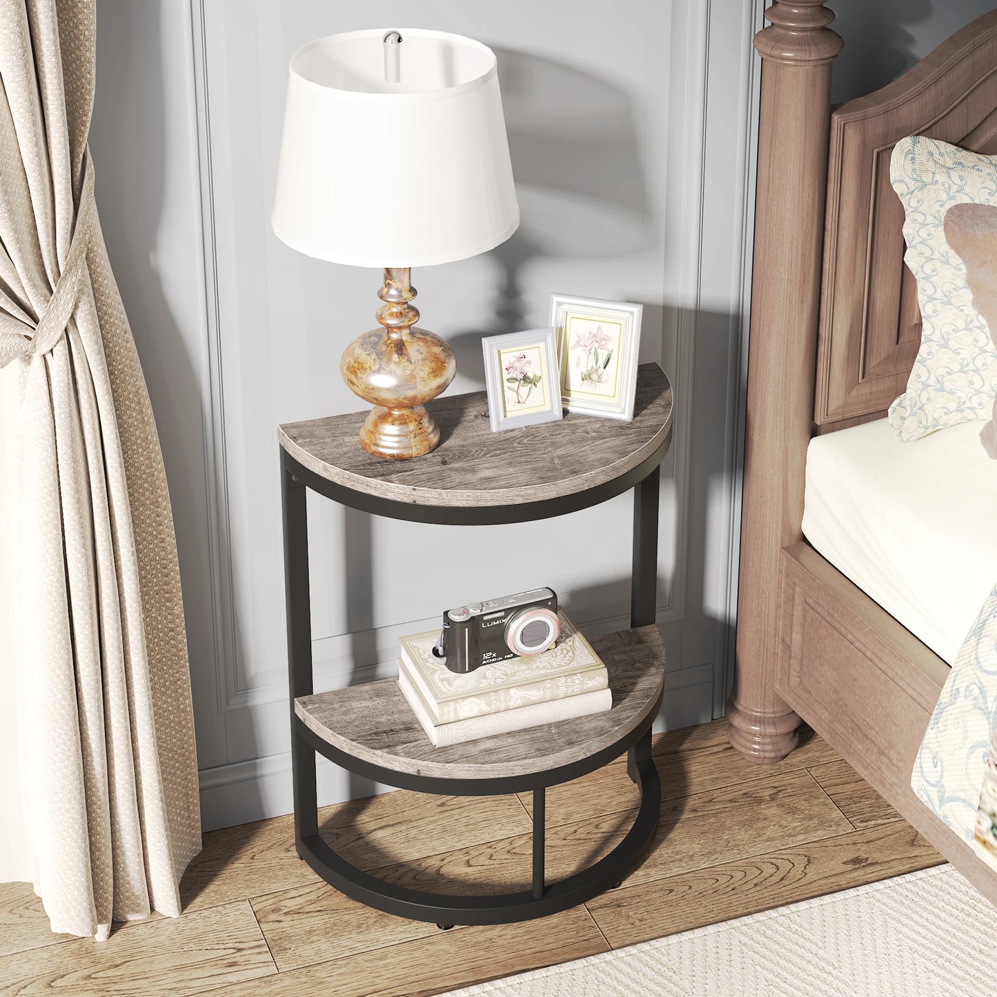 Tribesigns End Table Semi Circle, Small Half Round Side Table with Storage Shelf, Accent Table Slim C Table for Sofa Couch (Rustic Brown and Rustic Grey)