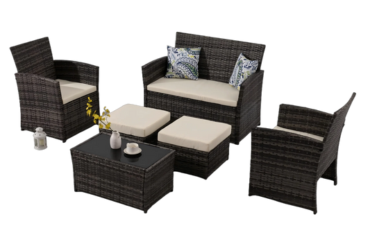 6 Pieces Outdoor Patio Furniture Set, Wicker Sectional Sofa Patio Conversation Set Couch with Ottomans Rattan Chair and Table