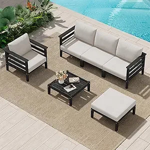 HDPE Patio Furniture Set, 6 Pieces Outdoor Sectional Sofa Set, All-Weather Wood-Like Outdoor Sofa Couch with Coffee Table