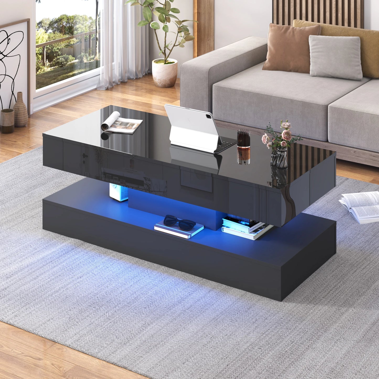 High Glossy LED Coffee Tables for Living Room, Center Table with Open Display Shelf & Large Storage Space, White Coffee Table (Multiple colors)