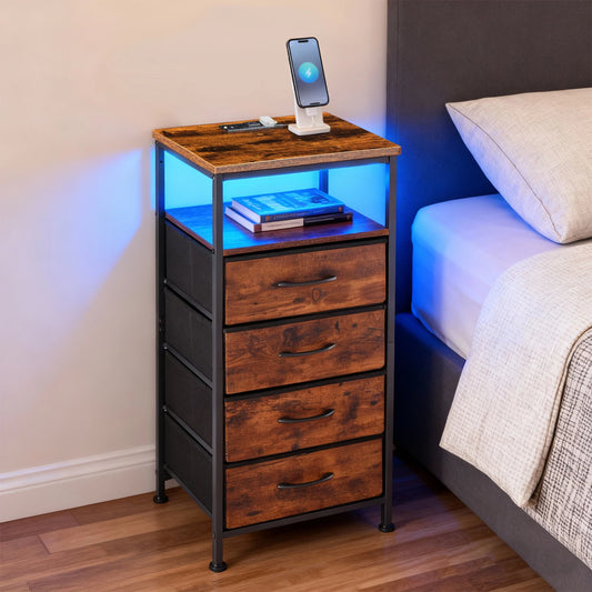 JHK Corner Table Cabinet with 4 Fabric Drawers Support USB/Type-C Ports and Outlets Adjustable Feet and Variable Light Strip Colors Rust and Black)