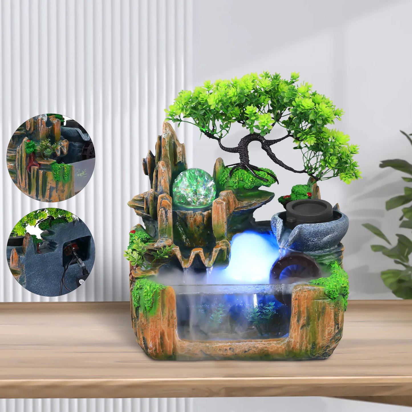 Small Rockery Water Fountain with LED Light & Mist Effect, Elegant Indoor Tabletop Decor for Home, Office, Living Room, Bedroom
