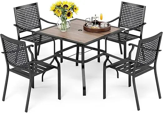Patio Dining Set Wrought Iron Outdoor Table and Chairs Furniture Set 5 Piece, 37" Square Bistro Table with Umbrella Hole and 4 chairs