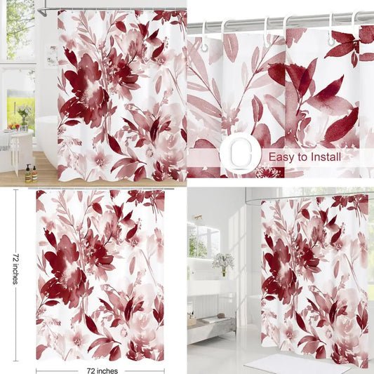 burgundy watercolor floral shower curtain, red plant leaves with flower shower curtains for summer bathroom decor, modern fabric