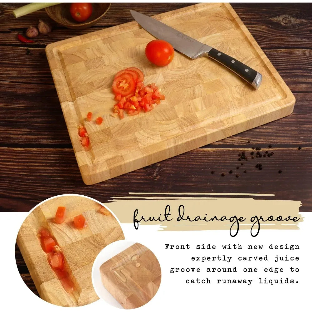 Block End Grain Cutting Board - 17x13x1.5in Reversible Multipurpose Chopping Board with Juice Groove, Cracker Holder