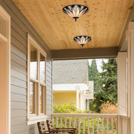 Vintage Tiffany Ceiling Light Fixture, 18 Inch Square Stained Glass Lamp, 3-Light E26 Socket, for Kitchen Dining Room Decor