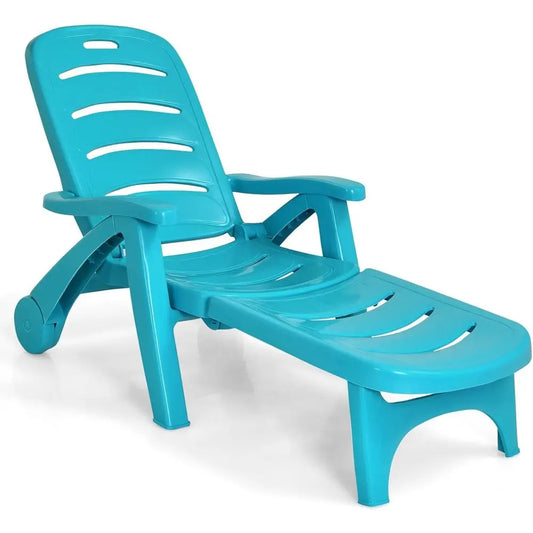 Portable 5-Position Reclining Outdoor Lounger with Wheels, Turquoise Plastic Deck Chair for Garden, Beach, or Patio