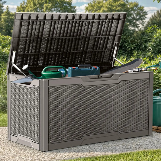 100 Gallon Resin Deck Box, Weather Resistant Outdoor Storage Box, Lockable Indoor Outdoor Storage for Supplies and Essentials