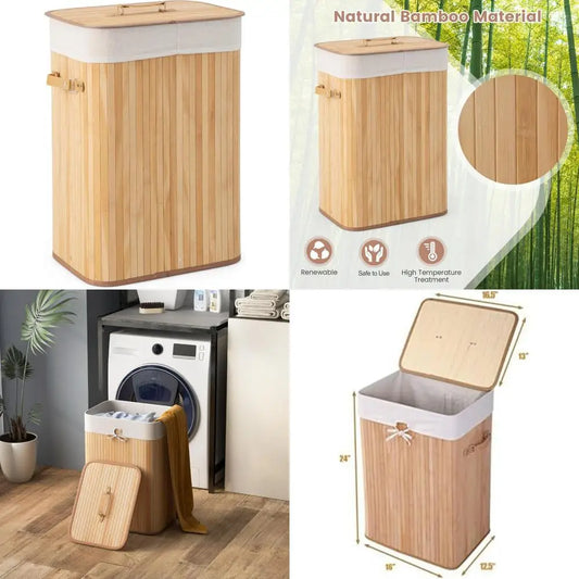 Large 72L Bamboo Laundry Hamper with Removable Liner and Handles, Tall Rectangular Clothes Basket