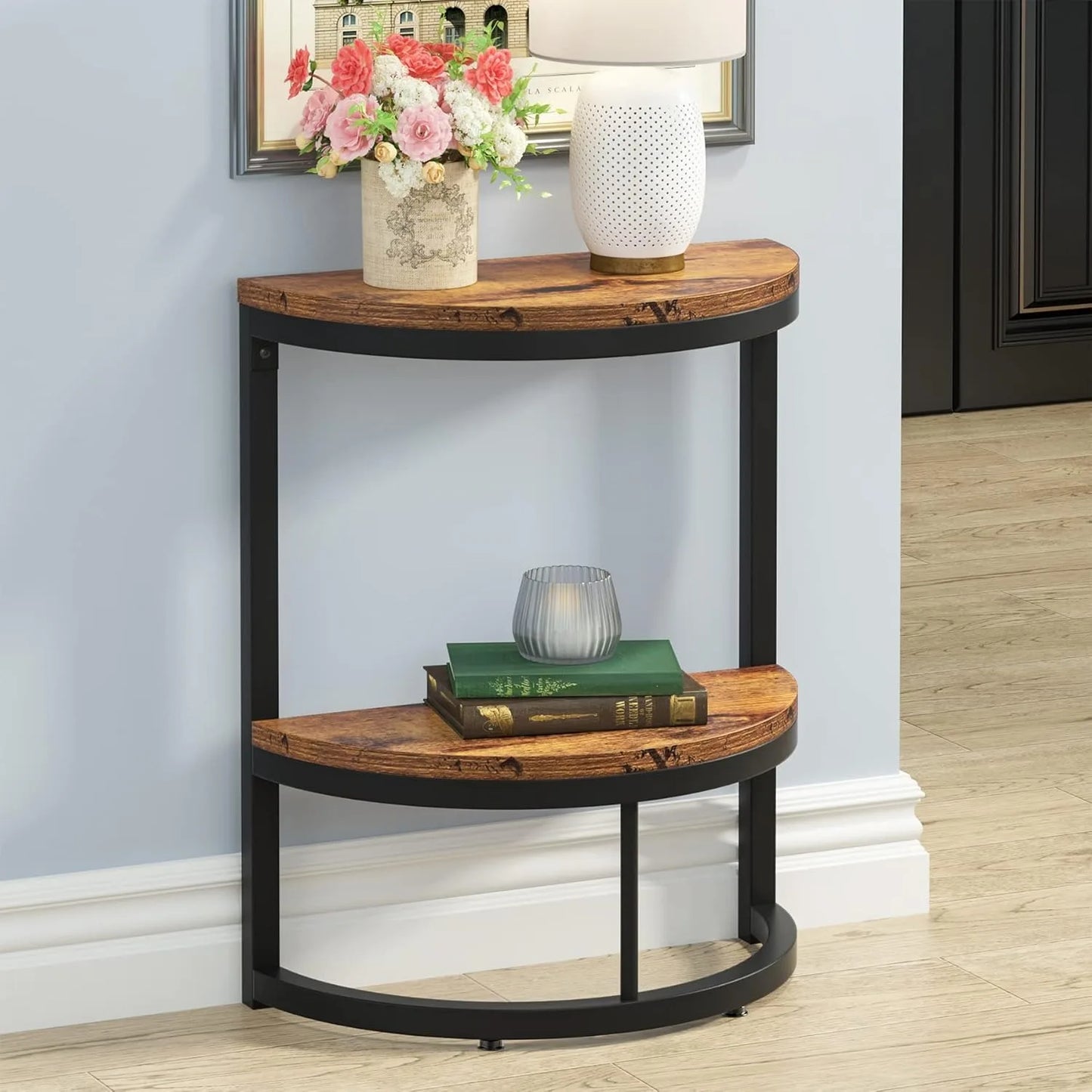 2-Tier End Table Semi Circle, Half Round Side Table with Storage Shelf, Wood Accent Table Slim C Table for Sofa Couch (Multiple colors)