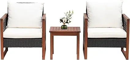 Outdoor Patio Furniture Set Modern Rattan Bistro Conversation Set with Acacia Wood Frame, Coffee Table, Water-Resistant Cushions