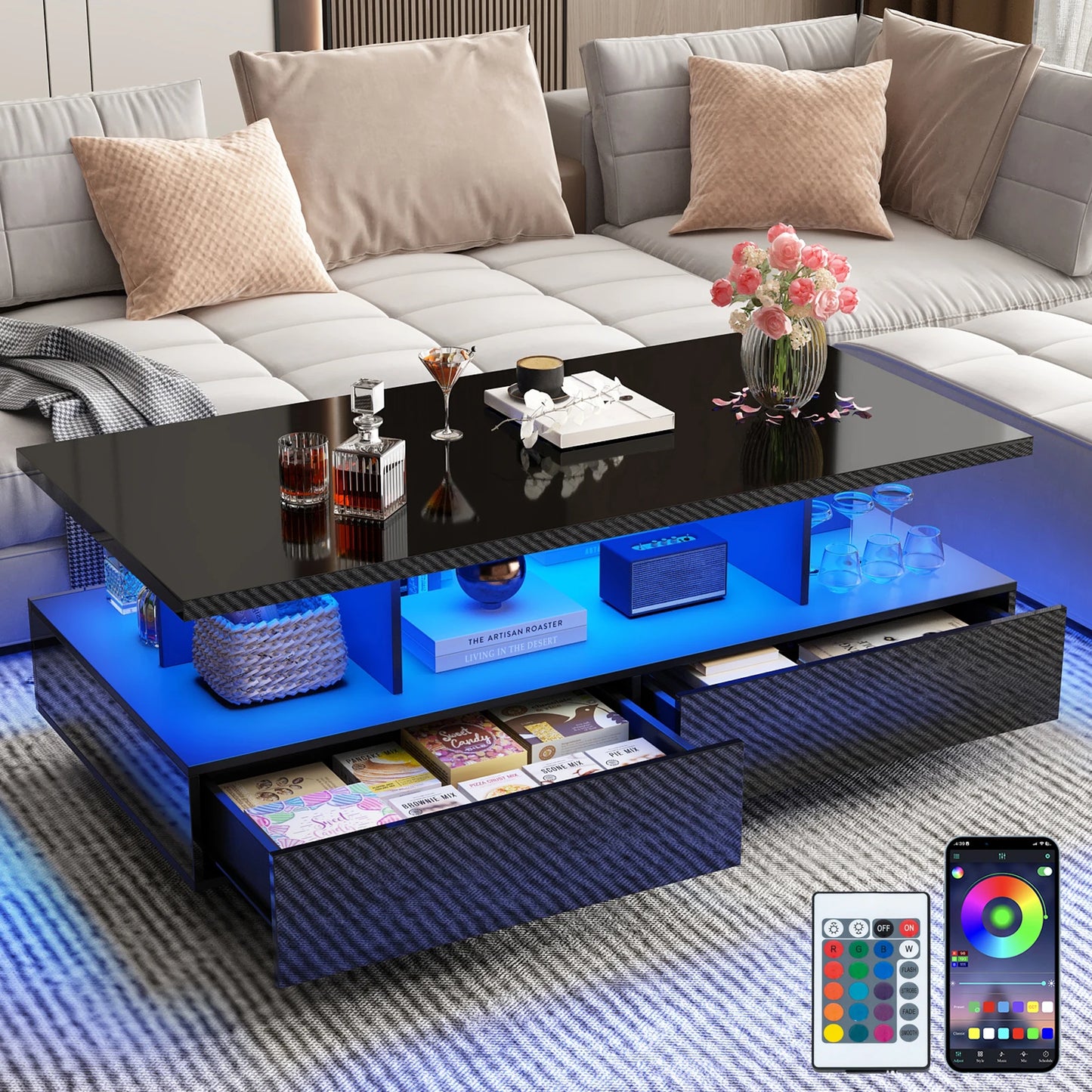 43 Inch LED Coffee Table w/2 Storage Drawers, Modern High Gloss Coffee Table w/Display Shelf, Rectangle 2-Tier Center Table (Multiple colors)