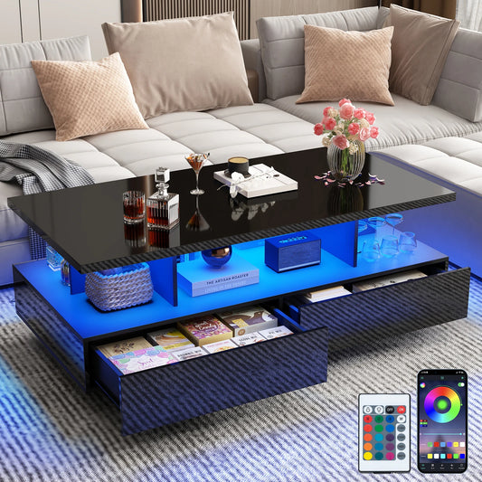 43 Inch LED Coffee Table w/2 Storage Drawers, Modern High Gloss Coffee Table w/Display Shelf, Rectangle 2-Tier Center Table (Multiple colors)