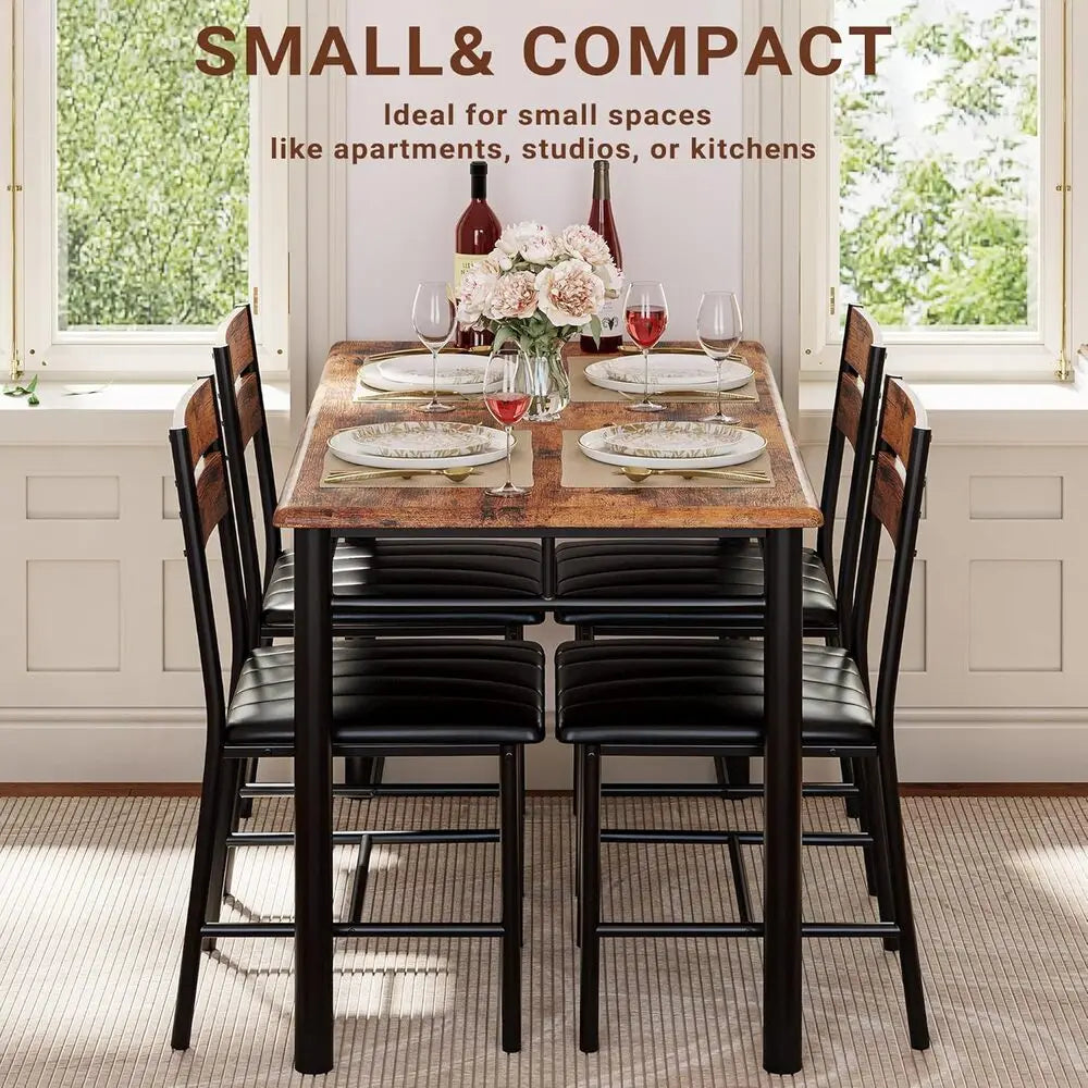 Dining Table Set for 4, Wood Kitchen Table with Upholstered Chairs for Kitchen Room and Small Spaces, Rustic Brown
