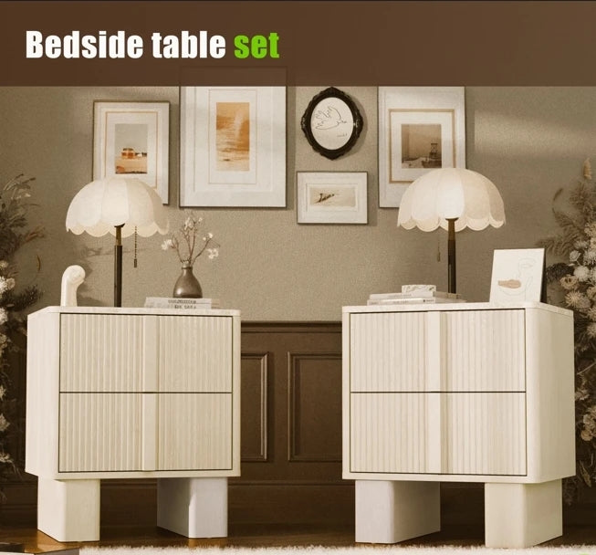 GEGOFORU Set of 2 Fluted Nightstands w/ Charging, 2-Drawer End Tables w/ Reinforced Legs, Whitewashed Oak for Bedroom